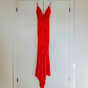 Low back red sequin floor length gown